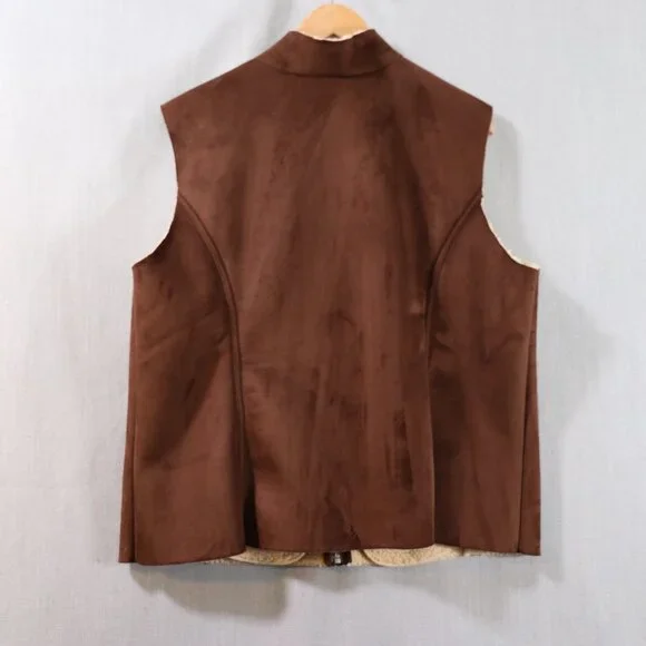 Lands End Faux Suede Sherpa Vest Women’s XL Petite 18-20 Brown Lined Full Zip - Picture 5 of 16